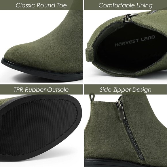 Women's Ankle Green Boots Short Flat Low Heel Dress Chelsea Casual Classic - Picture 2 of 9